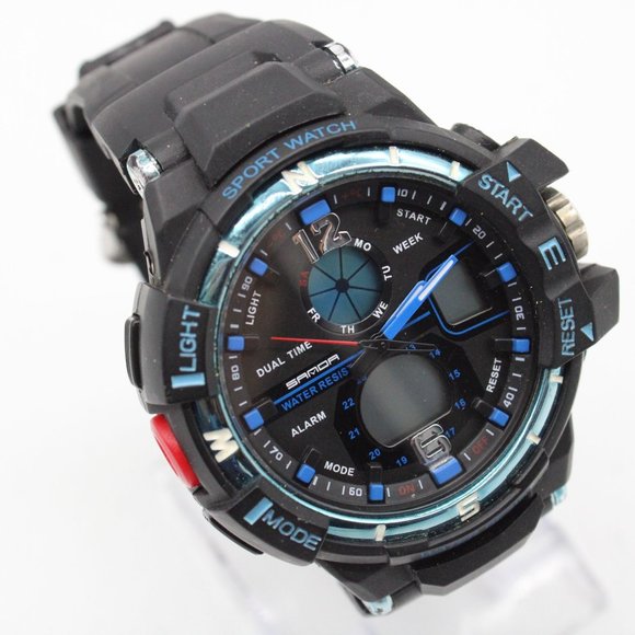 SAMOA Digital Watch Men Black & Blue Sports Outdoor Waterproof Black Rubber Band - Picture 1 of 8